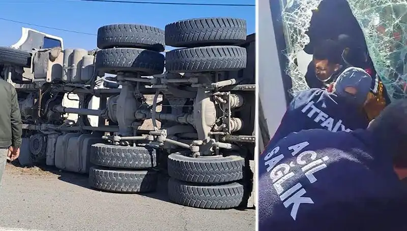 Virajı Alamayan Kamyonun Yan Yattığı Kazada Olay Yerinde Şok Anlar