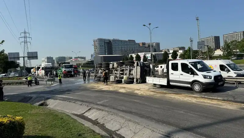 D-100 Yan Yolda Beton Mikseri Devrildi: Feci Kaza Sürücüleri Etkiledi